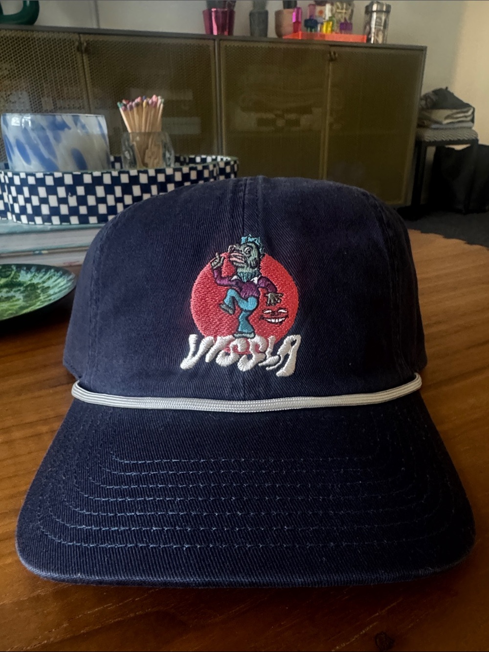 VISSLA Navy Hat with Multicolor Embroidered Graphic and White Rope